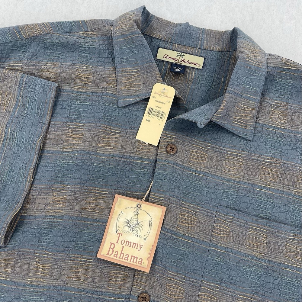 Tommy Bahama Silk Shirt Mens L Blue Stripe 8th Wonder Camp Button Up Summer